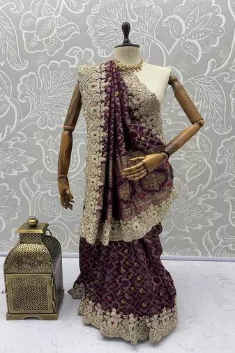 Plum Color Embroidered Lace,Dori,Multi Thread And Zari With Sequins And Zircon Diamond Work Banarasi Silk Saree