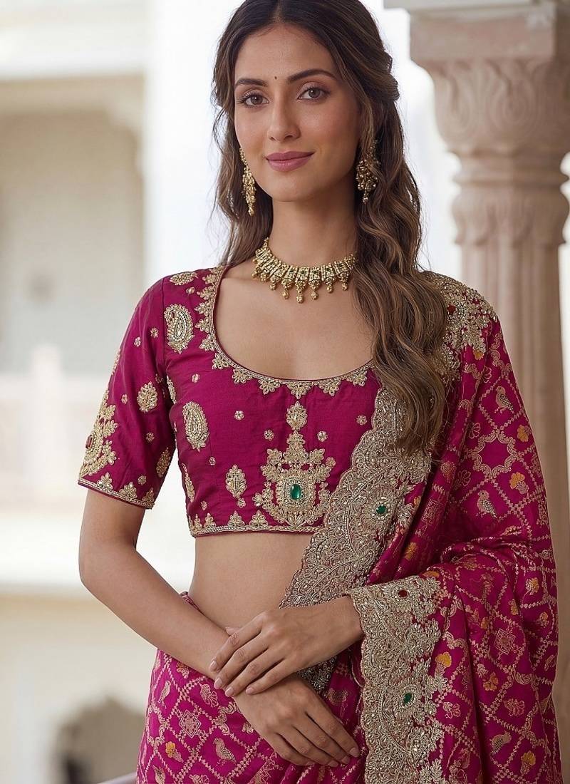 Rani Pink Color Embroidered Lace,Dori,Multi Thread And Zari With Sequins And Zircon Diamond Work Banarasi Silk Saree