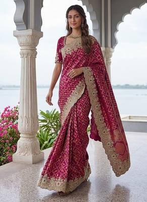 Rani Pink Color Embroidered Lace,Dori,Multi Thread And Zari With Sequins And Zircon Diamond Work Banarasi Silk Saree 2