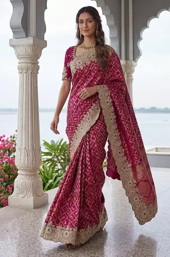 Rani Pink Color Embroidered Lace,Dori,Multi Thread And Zari With Sequins And Zircon Diamond Work Banarasi Silk Saree
