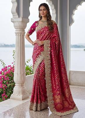 Rani Pink Color Embroidered Lace,Dori,Multi Thread And Zari With Sequins And Zircon Diamond Work Banarasi Silk Saree 3