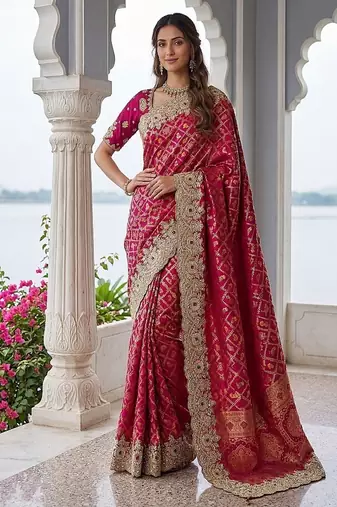 Rani Pink Color Embroidered Lace,Dori,Multi Thread And Zari With Sequins And Zircon Diamond Work Banarasi Silk Saree