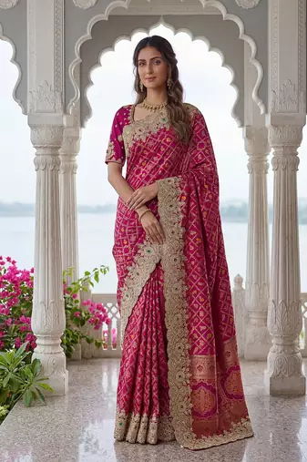 Rani Pink Color Embroidered Lace,Dori,Multi Thread And Zari With Sequins And Zircon Diamond Work Banarasi Silk Saree