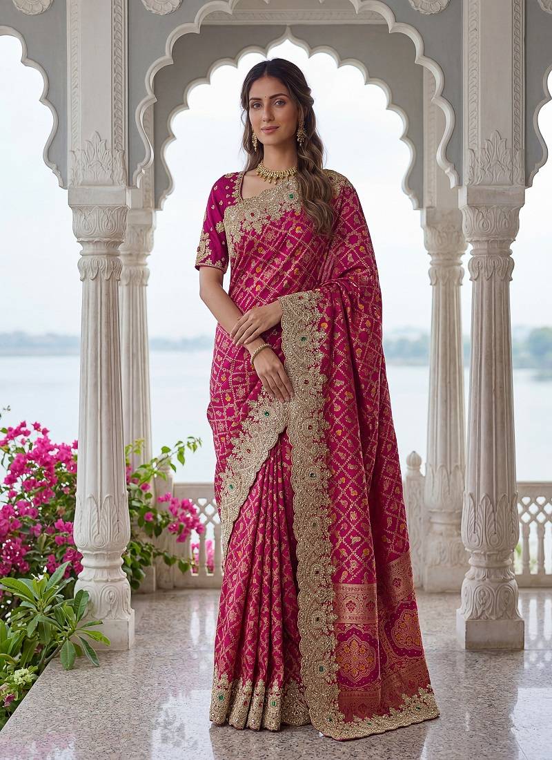 Rani Pink Color Embroidered Lace,Dori,Multi Thread And Zari With Sequins And Zircon Diamond Work Banarasi Silk Saree