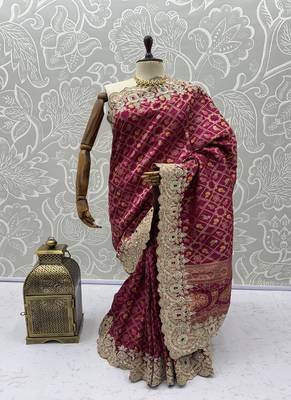 Rani Pink Color Embroidered Lace,Dori,Multi Thread And Zari With Sequins And Zircon Diamond Work Banarasi Silk Saree 5