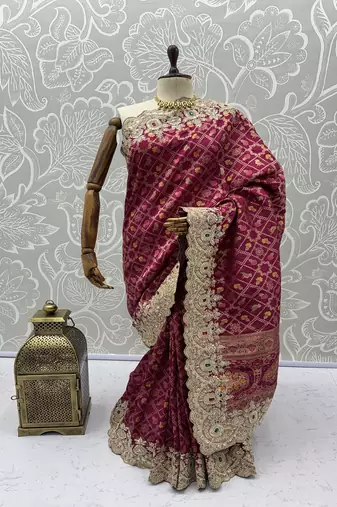 Rani Pink Color Embroidered Lace,Dori,Multi Thread And Zari With Sequins And Zircon Diamond Work Banarasi Silk Saree