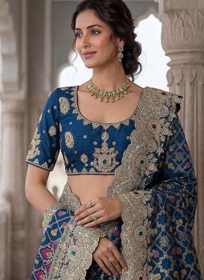 Teal Color Embroidered Lace,Dori,Multi Thread And Zari With Sequins And Zircon Diamond Work Banarasi Silk Saree 2