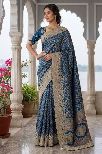 Teal Color Embroidered Lace,Dori,Multi Thread And Zari With Sequins And Zircon Diamond Work Banarasi Silk Saree