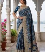Teal Color Embroidered Lace,Dori,Multi Thread And Zari With Sequins And Zircon Diamond Work Banarasi Silk Saree