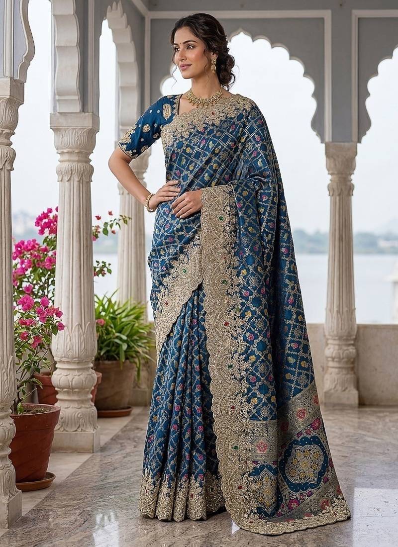 Teal Color Embroidered Lace,Dori,Multi Thread And Zari With Sequins And Zircon Diamond Work Banarasi Silk Saree