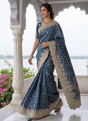Teal Color Embroidered Lace,Dori,Multi Thread And Zari With Sequins And Zircon Diamond Work Banarasi Silk Saree 3