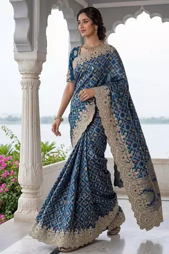 Teal Color Embroidered Lace,Dori,Multi Thread And Zari With Sequins And Zircon Diamond Work Banarasi Silk Saree