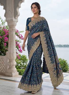 Teal Color Embroidered Lace,Dori,Multi Thread And Zari With Sequins And Zircon Diamond Work Banarasi Silk Saree 4