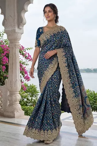 Teal Color Embroidered Lace,Dori,Multi Thread And Zari With Sequins And Zircon Diamond Work Banarasi Silk Saree