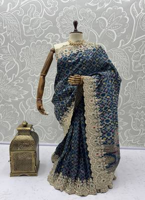 Teal Color Embroidered Lace,Dori,Multi Thread And Zari With Sequins And Zircon Diamond Work Banarasi Silk Saree 5