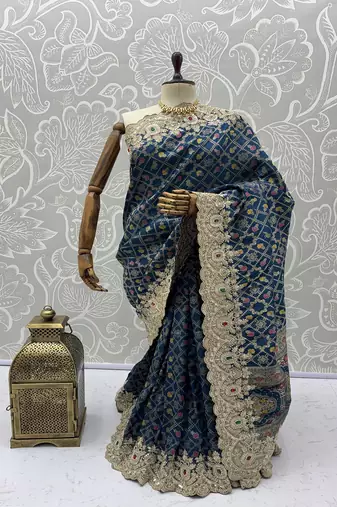 Teal Color Embroidered Lace,Dori,Multi Thread And Zari With Sequins And Zircon Diamond Work Banarasi Silk Saree
