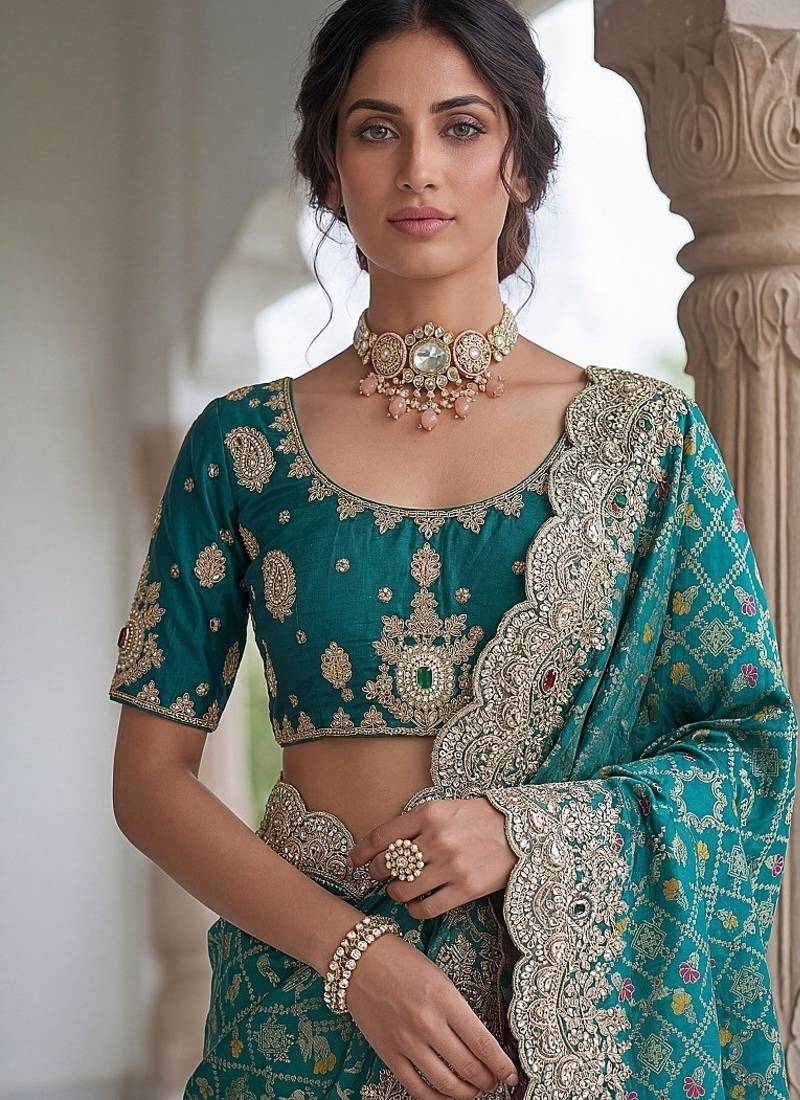 Turquoise Color Embroidered Lace,Dori,Multi Thread And Zari With Sequins And Zircon Diamond Work Banarasi Silk Saree