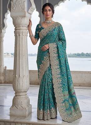 Turquoise Color Embroidered Lace,Dori,Multi Thread And Zari With Sequins And Zircon Diamond Work Banarasi Silk Saree 2