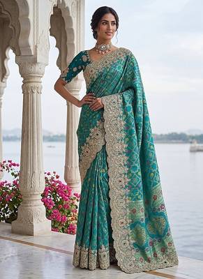 Turquoise Color Embroidered Lace,Dori,Multi Thread And Zari With Sequins And Zircon Diamond Work Banarasi Silk Saree 3