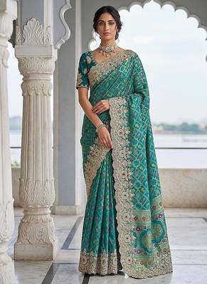 Turquoise Color Embroidered Lace,Dori,Multi Thread And Zari With Sequins And Zircon Diamond Work Banarasi Silk Saree 4