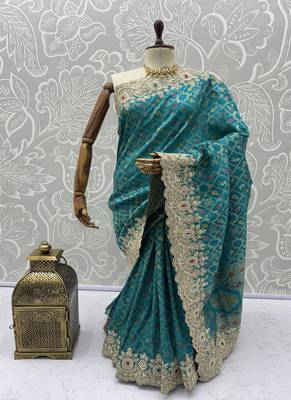Turquoise Color Embroidered Lace,Dori,Multi Thread And Zari With Sequins And Zircon Diamond Work Banarasi Silk Saree 5