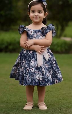Navy blue floral printed cotton fit & flare party dress for girls 1