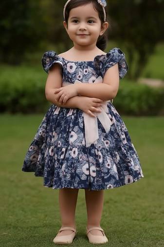 Navy blue floral printed cotton fit & flare party dress for girls