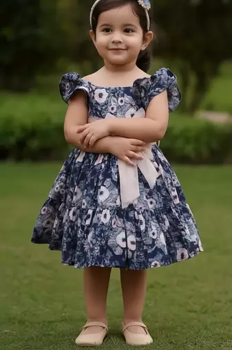 Navy blue floral printed cotton fit & flare party dress for girls