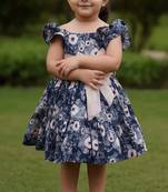 Navy blue floral printed cotton fit & flare party dress for girls