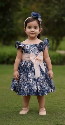 Navy blue floral printed cotton fit & flare party dress for girls 2