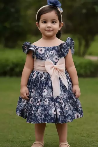 Navy blue floral printed cotton fit & flare party dress for girls