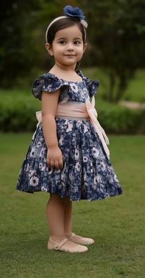 Navy blue floral printed cotton fit & flare party dress for girls 3
