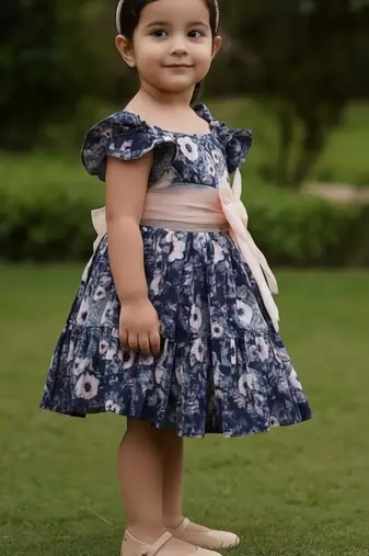 Navy blue floral printed cotton fit & flare party dress for girls