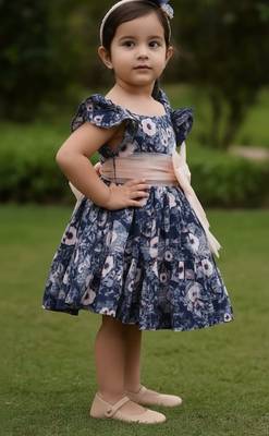 Navy blue floral printed cotton fit & flare party dress for girls 4