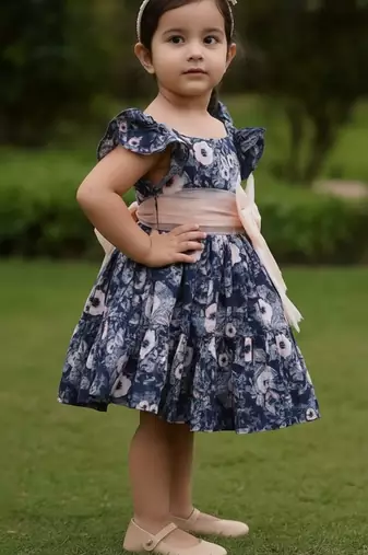 Navy blue floral printed cotton fit & flare party dress for girls