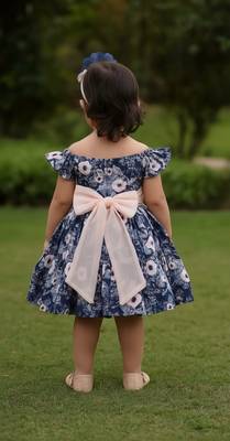Navy blue floral printed cotton fit & flare party dress for girls 5