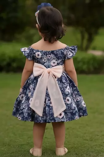 Navy blue floral printed cotton fit & flare party dress for girls