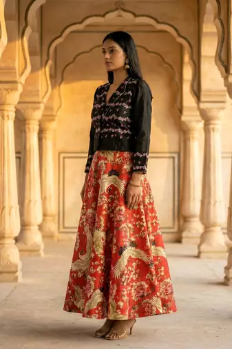 Multicolour Semistitched Croptop Choli With Unstitched Blouse
