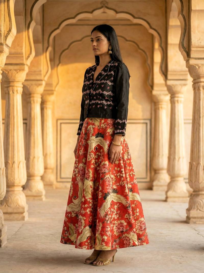 Multicolour Semistitched Croptop Choli With Unstitched Blouse