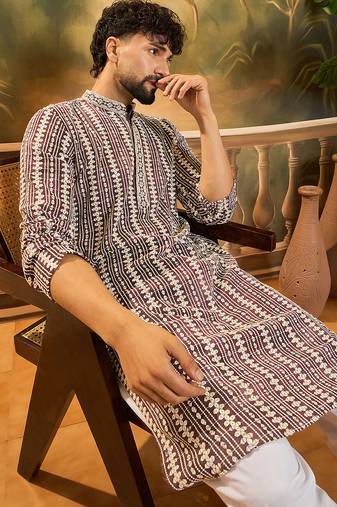 Mens purple viscose rayon embroidered kurta with trousers