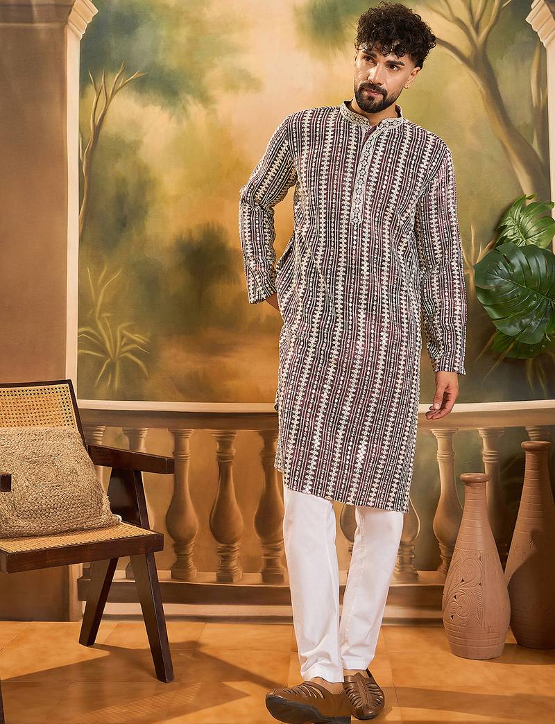 Mens purple viscose rayon embroidered kurta with trousers