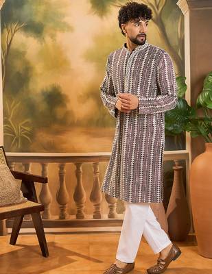 Mens purple viscose rayon embroidered kurta with trousers 3