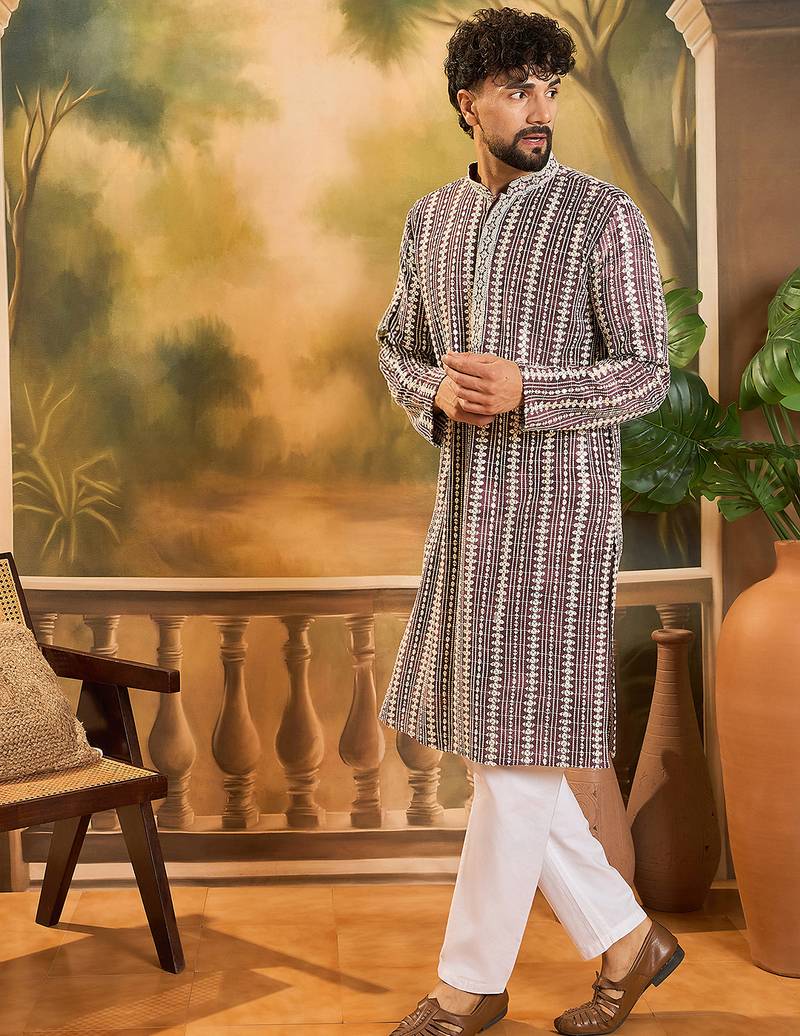 Mens purple viscose rayon embroidered kurta with trousers