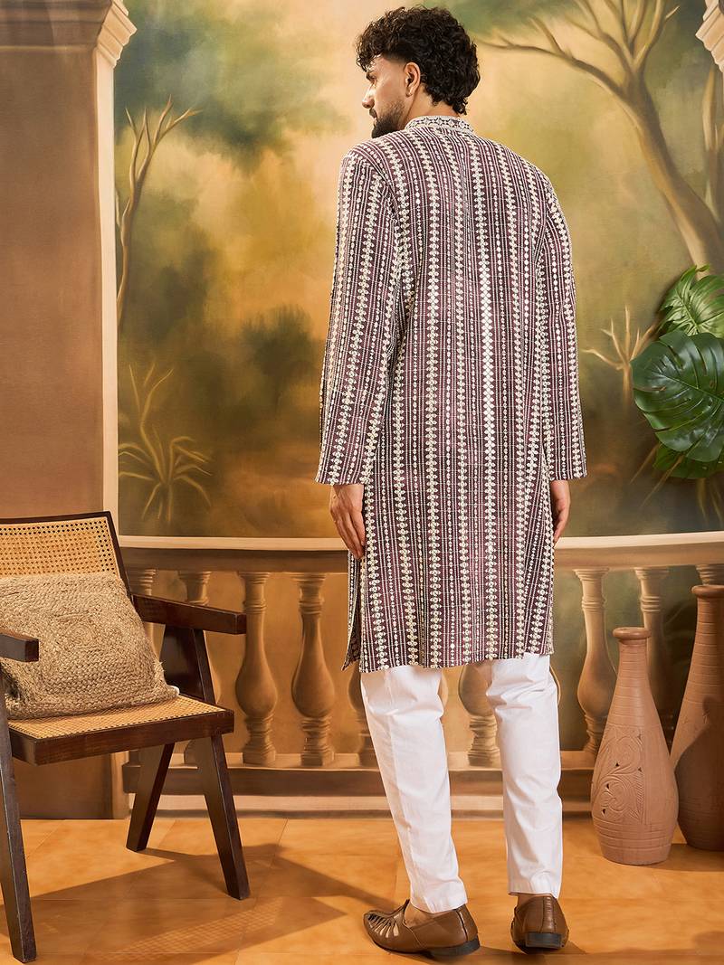 Mens purple viscose rayon embroidered kurta with trousers