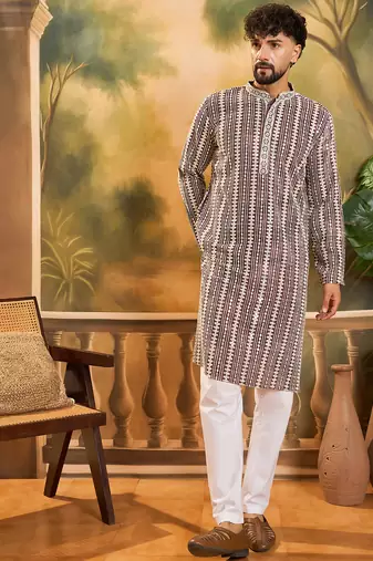 Mens purple viscose rayon embroidered kurta with trousers