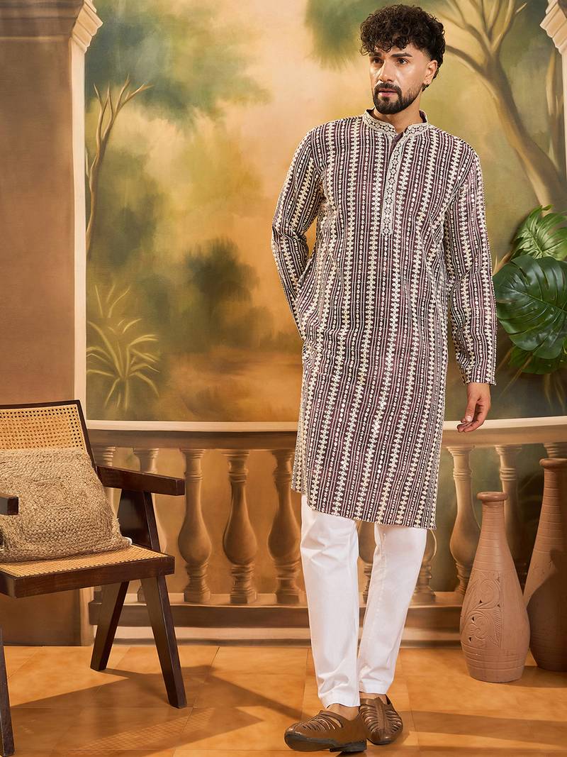 Mens purple viscose rayon embroidered kurta with trousers