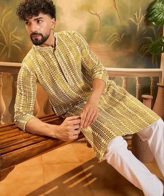 Mens mustard viscose rayon embroidered kurta with trousers 1