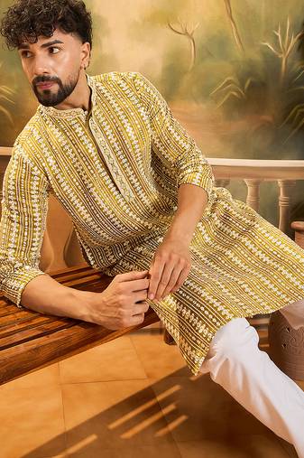 Mens mustard viscose rayon embroidered kurta with trousers