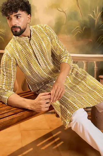 Mens mustard viscose rayon embroidered kurta with trousers