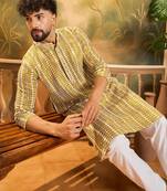Mens mustard viscose rayon embroidered kurta with trousers